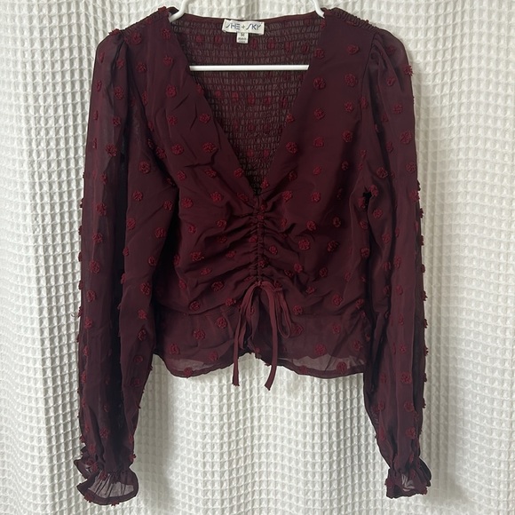 She + Sky Boho Blouse Womens Medium Burgundy Puff Long Sleeve Ruched Swiss Dot - Picture 4 of 8